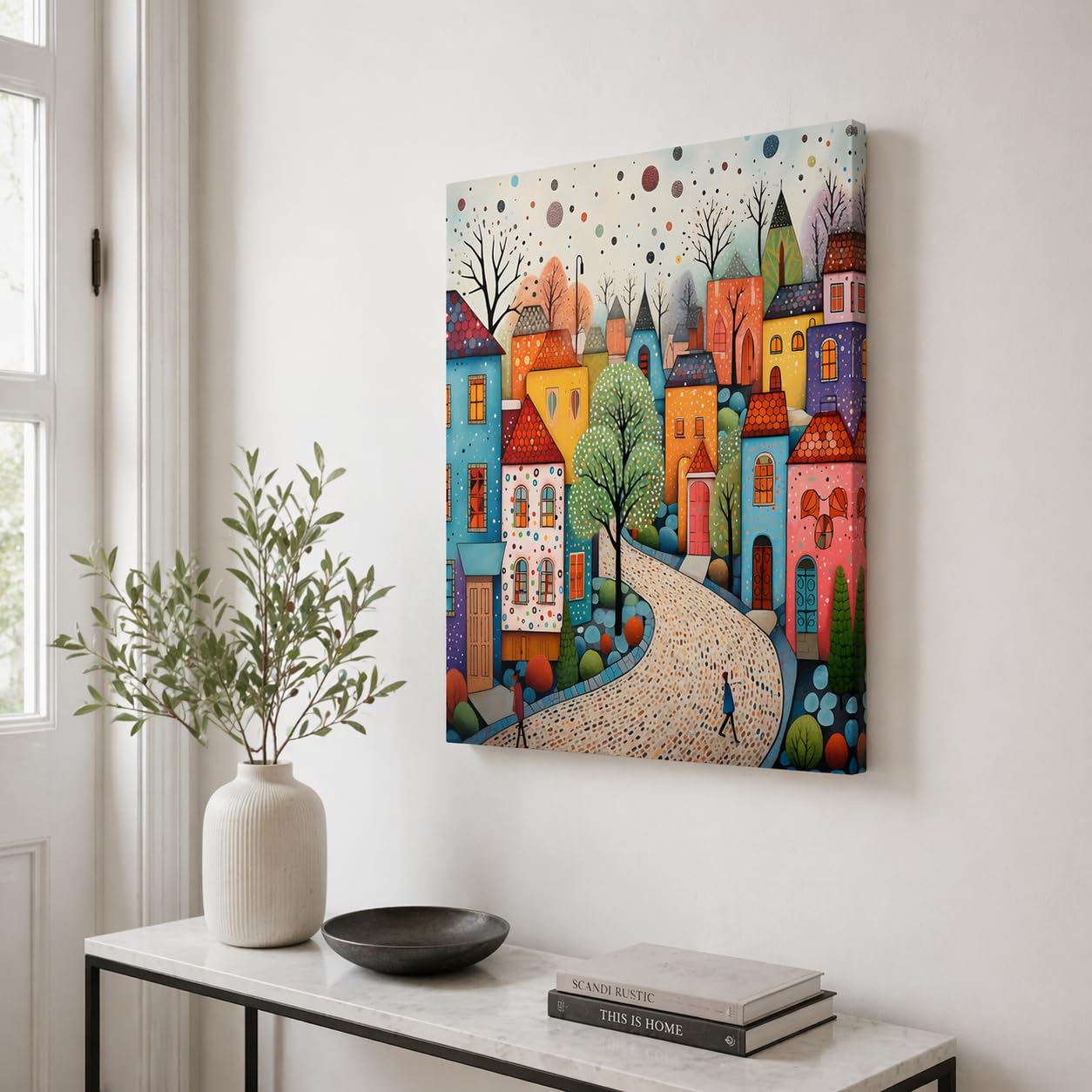 Qiukoo Framed Canvas Wall Art – Colourful Town Artwork, Waterproof Modern Print with Hook, Whimsical Wall Decoration for Living Room, Bedroom Pictures for Wall or Prints for Walls – 12x16 Inch — view 6