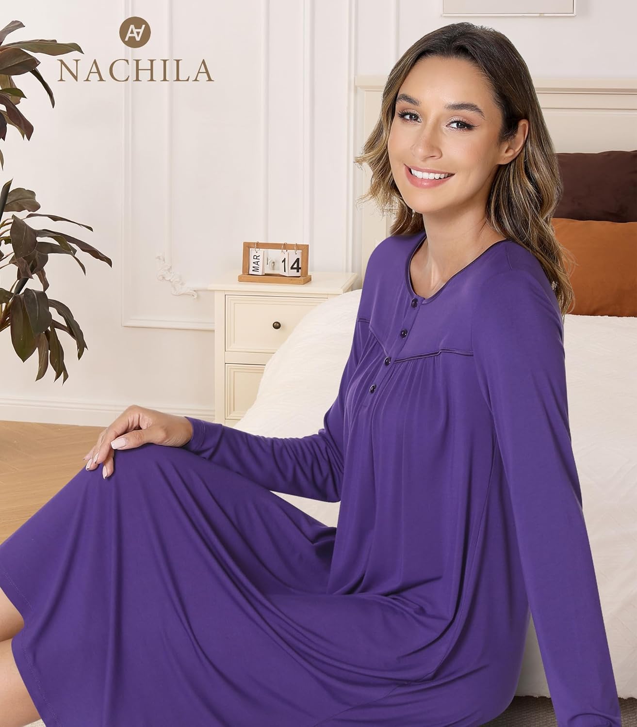NACHILA Nightgowns for Women-Viscose Made from Bamboo, Long Sleeve Nightshirts Satin V Neck Sleepshirts Soft Sleep Dress - Image 5