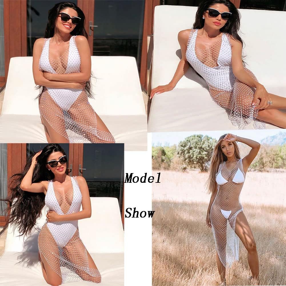 See Through Mesh Rhinestone Hollow Out Split Bikini Swimsuits Sleeveless Fishnet Cover Up Beach Dress for Women and Girls - Image 3