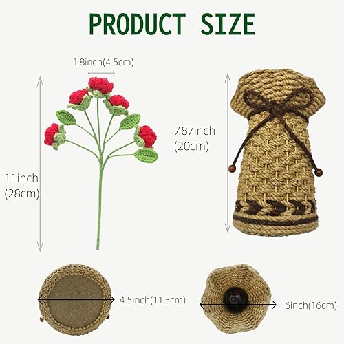 Miniatura 8 de THREEBOY Ramo de flores artificiales de ganchillo de rosas rojas con florero de punto para el Día de la Madre, San Valentín, decoración de