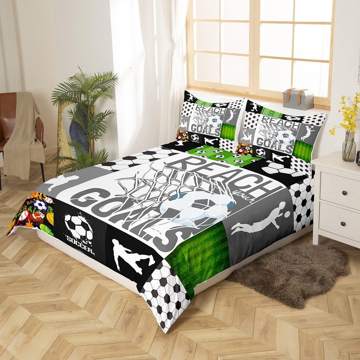 Feelyou Football Theme Duvet Cover Twin Size Soccer Ball Game Comforter Cover Gift for Football Lover Bedding Set Green Bedspread Cover for Kids Boys Girls Adults with 1 Pillow Case