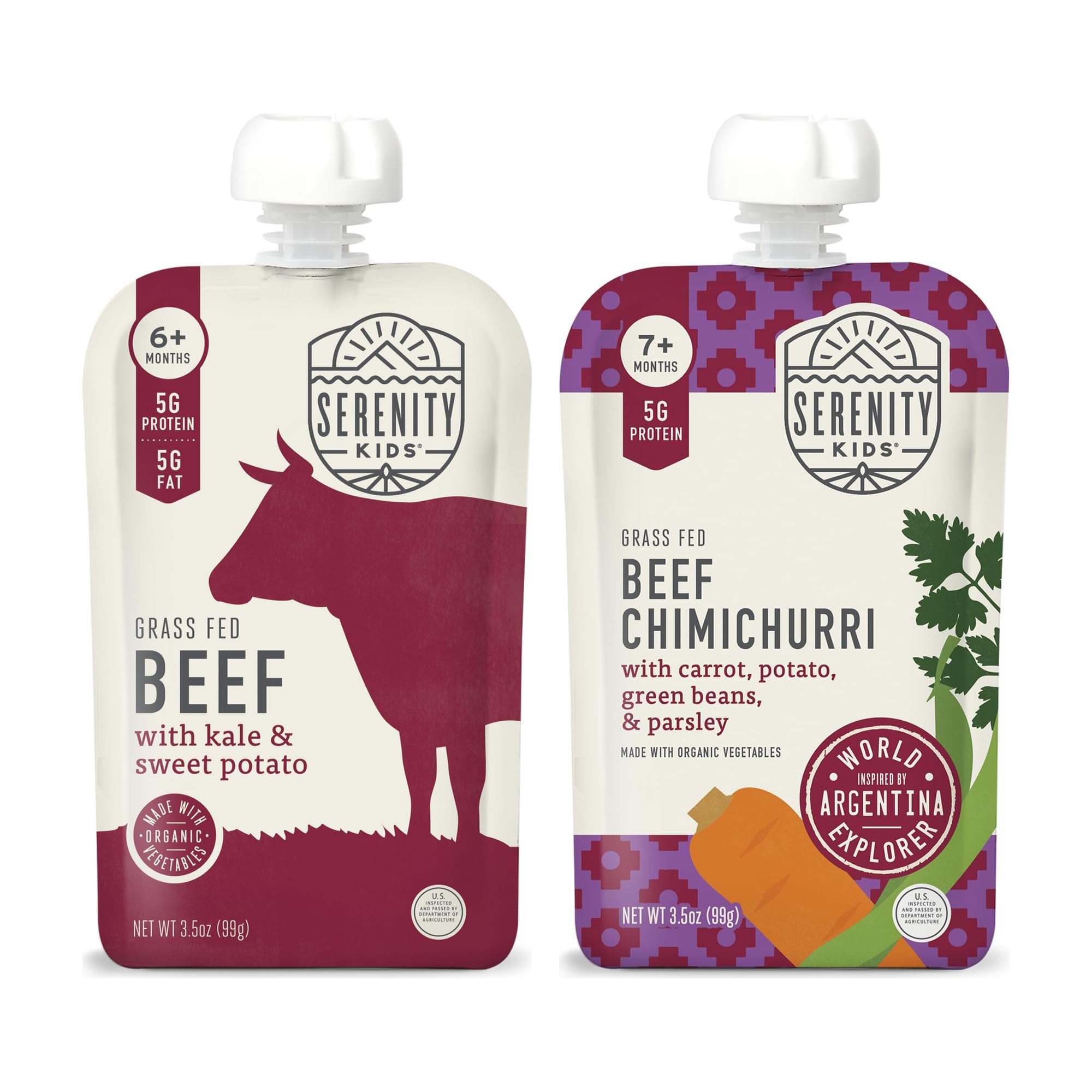 Serenity Kids Grass Fed Beef Baby Food Pouches Variety Bundle - Sweet Potato Puree & Chimichurri World Explorers Flavor - 5g Protein Toddler Snacks - 3.5 Oz Pouch, Pack of 24, 6+ Months