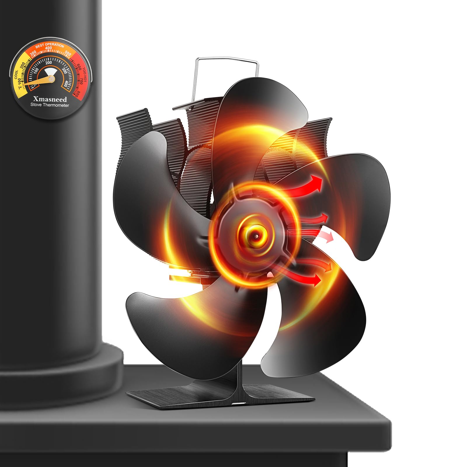 Ofenventilator Ohne Strom, 5 Flügel-Kaminventilator mit Heat Powered Fan, Kaminventilator Ohne Strom mit Thermometer, WäRmebetriebener Ventilator für Log Brenner Kamin Kaminöfen Pelletofen Holzofen