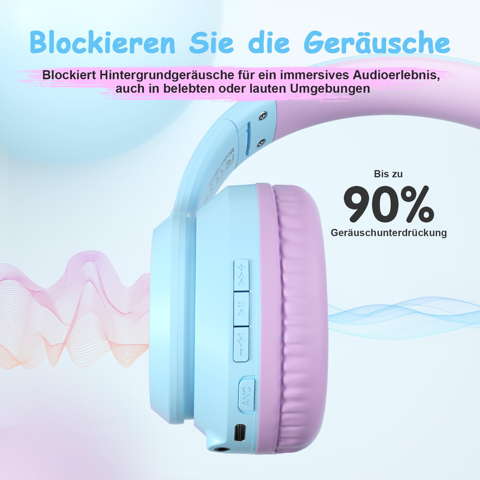 TONOSHARK Kinderkopfhörer Bluetooth | Bluetooth Kopfhörer Kinder | Noise Cancelling Kopfhoerer Kinder | Over-Ear | Kabellos | Mit Mikrofon | 60h Spielzeit - Für Schule/Reisen,Inkl. Tragetasche (Lila)