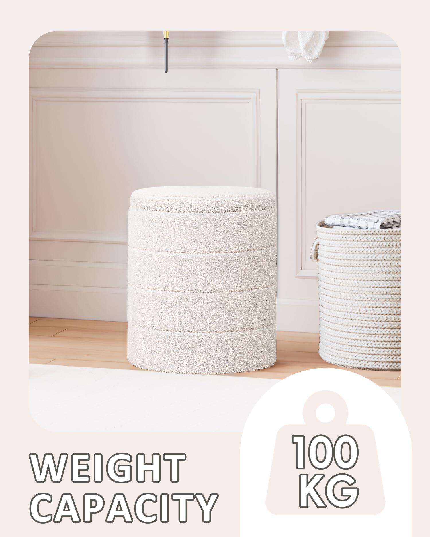 PINPLUS Sgabello Pouf Contenitore, Cassapanca Rotondo Ottomano con Contenitore, Pieghevole Poggiapiedi in Teddy 37x37x45 cm, per Soggiorno, Camera da Letto e Corridoio, Bianco