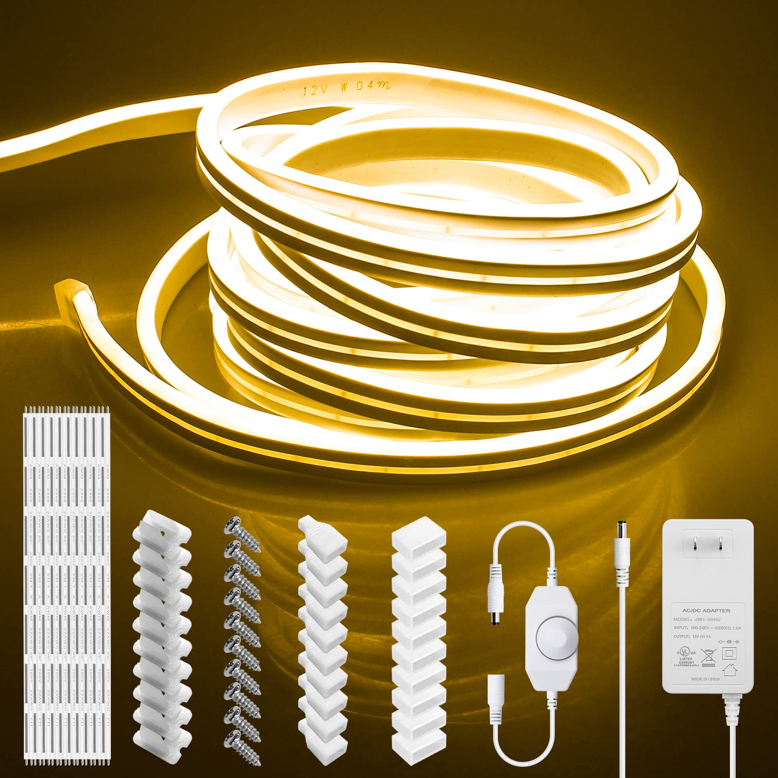 AclorolNeon LED Strip Lights 12V Neon Rope Lights Warm White Dimmable LED Flexible Light for DIY Love Planet Cloud Sign Bedroom Wall Indoor Outdoor Home Decoration with Power Supply 3000K 600Leds/5M