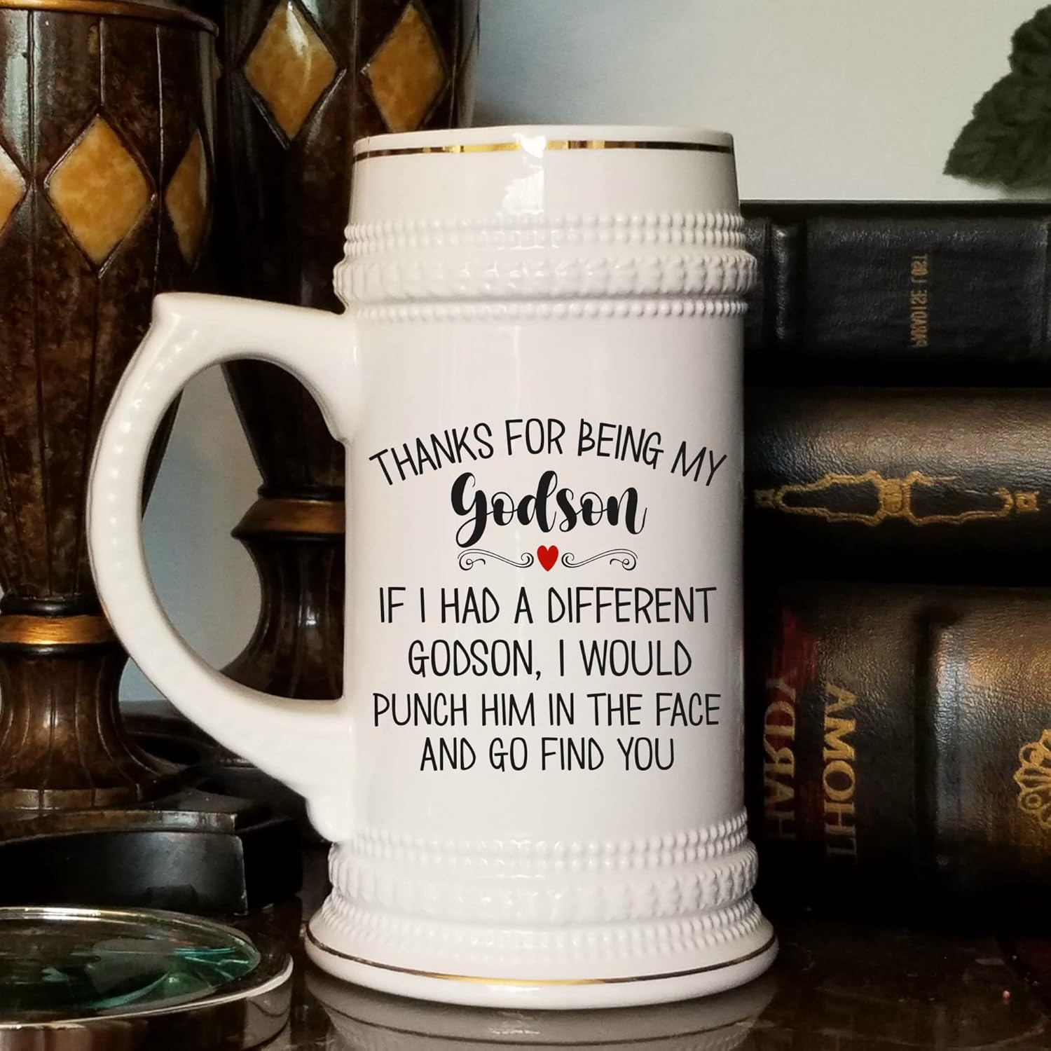Thanks for Being My Godson Beer Mug for Godchild from Godparents Christmas Birthday Wedding Keepsake Funny 22 Oz. Beer Stein for Men