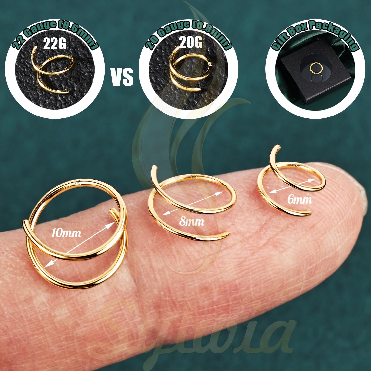 SYLWIA 14k Solid Gold Double Hoop Nose Ring Hoop, Handmade 24g/20g Thin Nose Piercing Jewelry, 6/8/10mm Diameter Hypoallergenic Real Gold Nose Rings for Women Men - Image 3