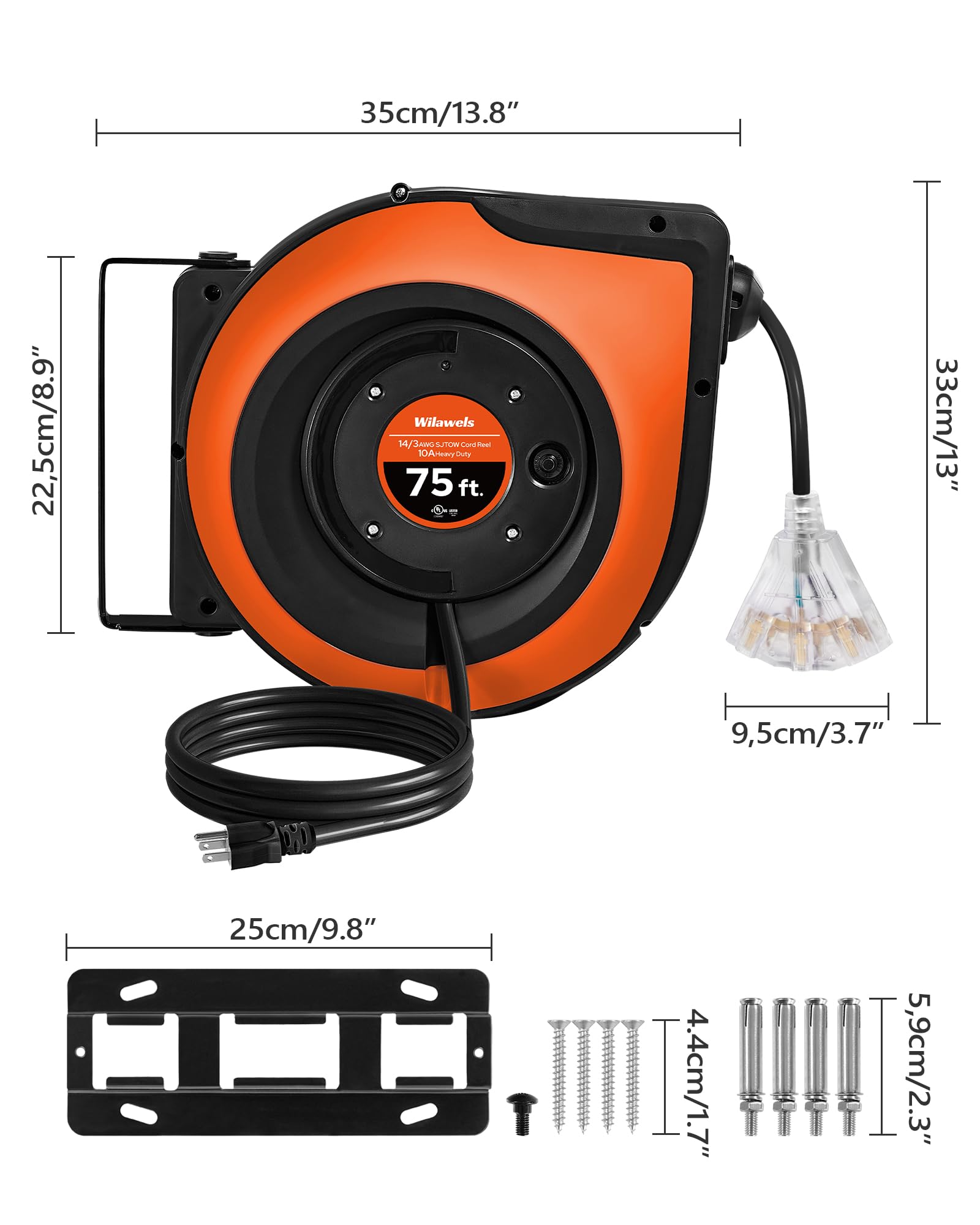 Zwijany zwijacz przewodu, wytrzymały przedłużacz 22,9 m, 14 AWG/3C SJTOW, 3 gniazda świetlne z potrójnym kluczem, wyłącznik automatyczny 10 A, zamontowany na
