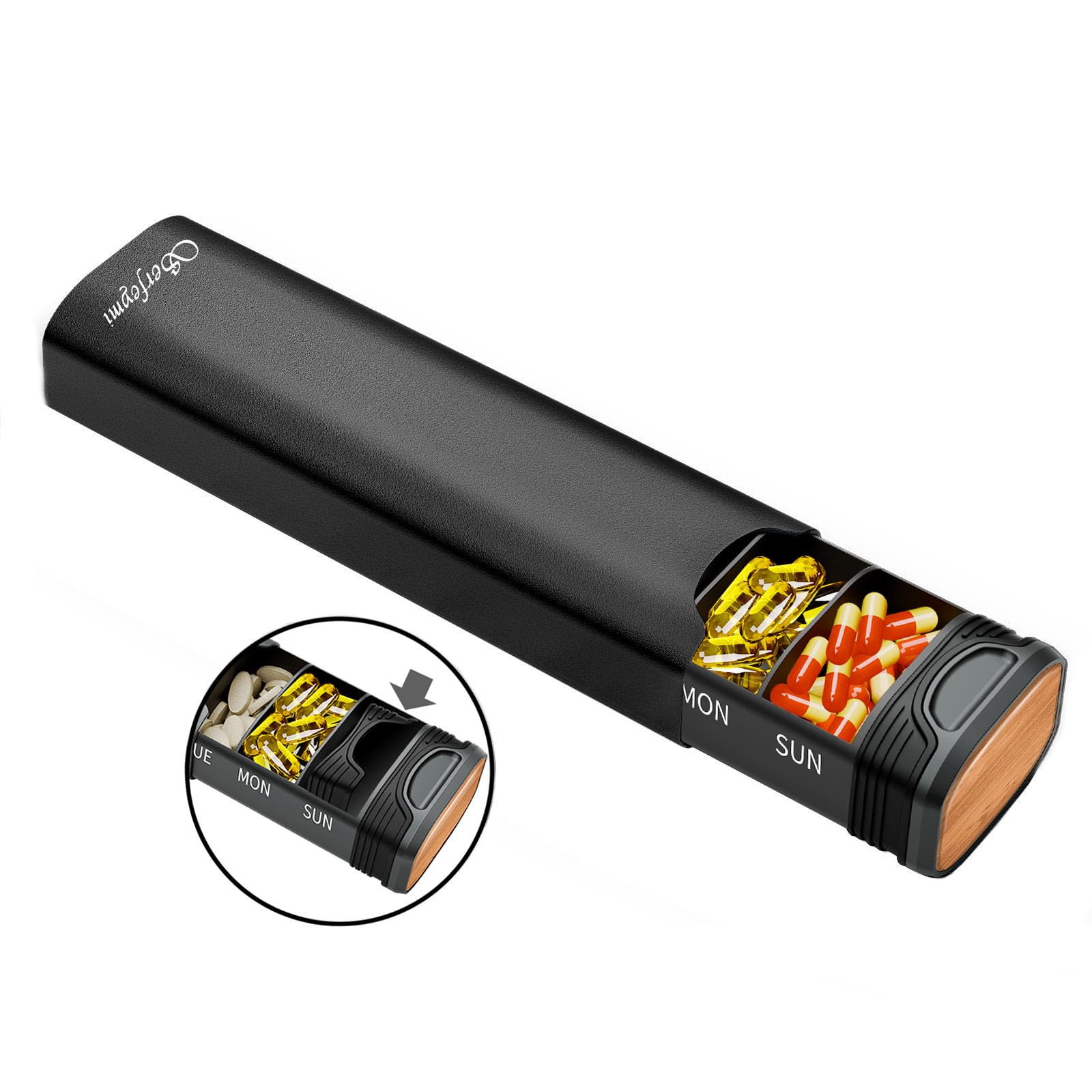 Serfeymi Tablettenbox 7 Tage - Metall Medikamentenbox, Pillendose, Tabletten Organizer Ein-/Ausschiebedesign, Pillenbox, Dispenser Medikamente für Pill, Supplement(Zusätzliche Dichtung)- Schwarz