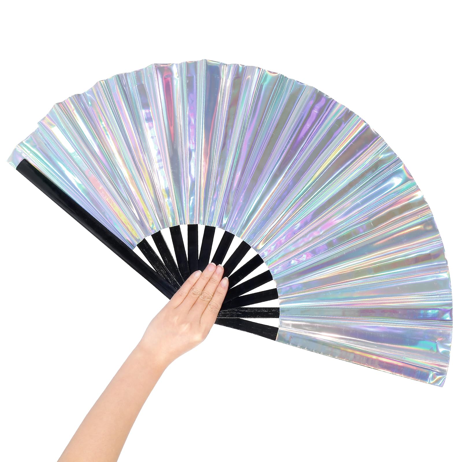 Grevosea 13" Rave Fan, Large Folding Hand Rave Fan, Glitter Holographic Folding Fans for Lridescent Festivals Rainbow Outfits Disco Party Home Decoration and Cooling in Various Occasions