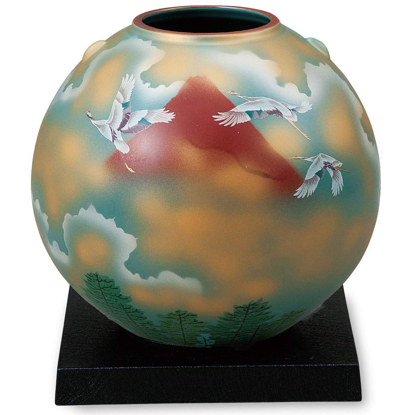 Amazon.co.jp: 九谷焼 7号花瓶 赤富士に鶴(台付) サイズ 直径21.5×高さ