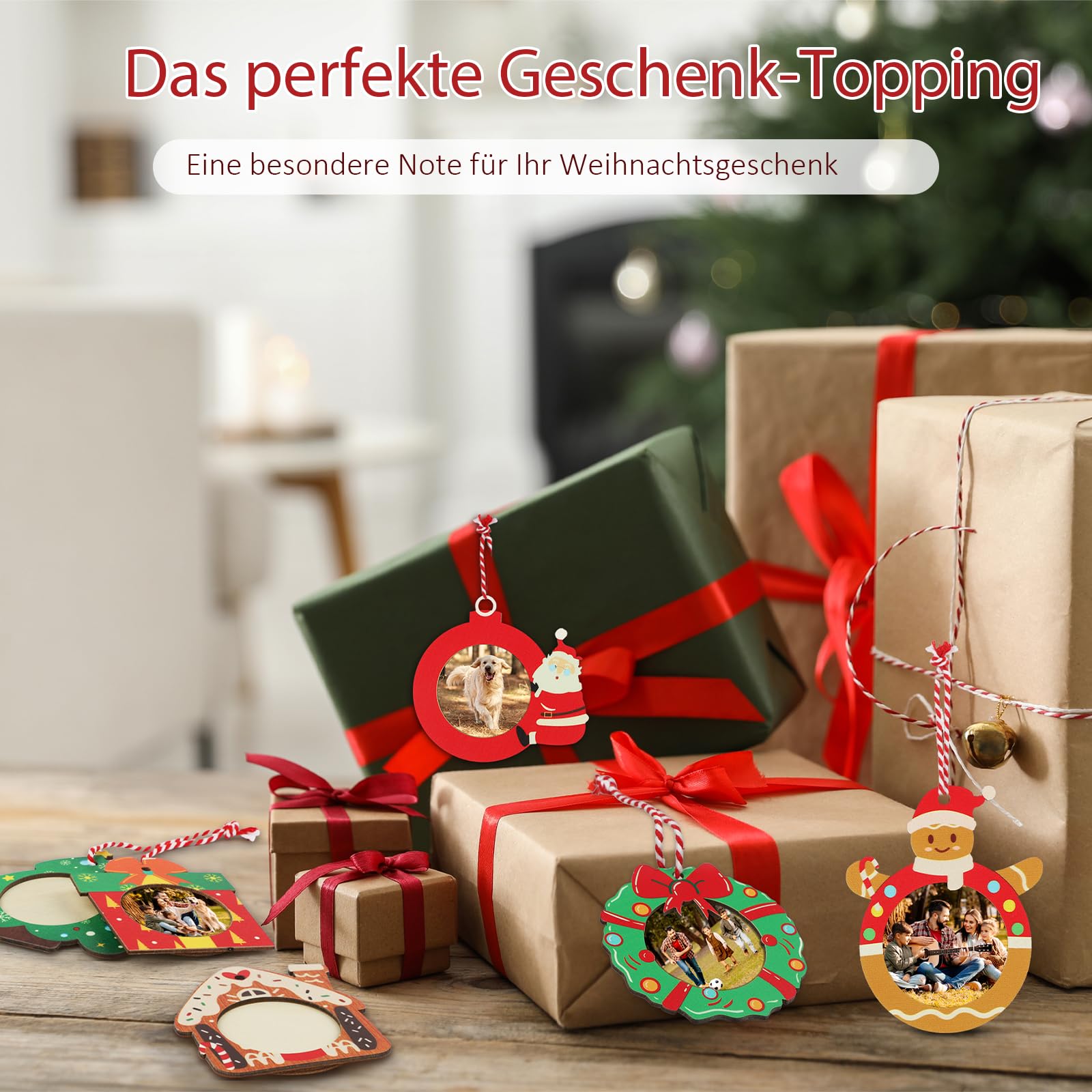 Fertig Bemalter Foto Weihnachtsschmuck aus Holz - 12 Verschiedene Farbige Christbaumschmuck Anhänger mit Bild für Familie, Paare, Haustiere - Personalisierte Weihnachtsdeko