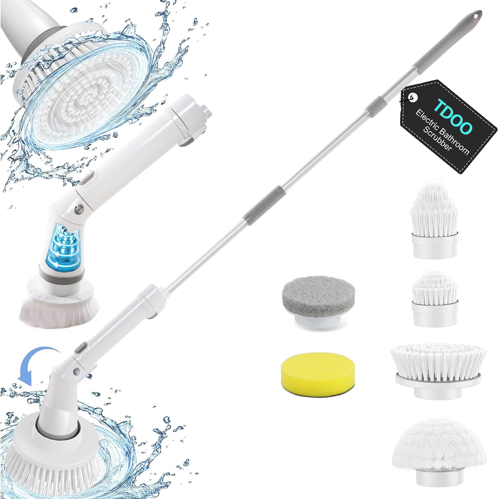 TDOORechargeable Electric Spin Scrubber with 6 Replaceable Brush Heads, Adjustable Extension Handle Electric Cleaning Brush for Bathroom, Tub, Tile, Floor Wall