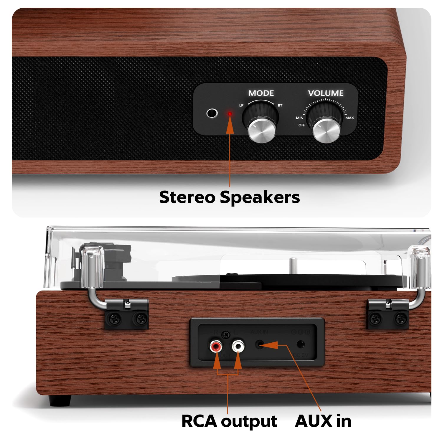 Giradischi Vinili, FYDEE Giradischi Portatile Bluetooth con Altoparlanti Integrati, 3 Velocità (33, 45 e 78 Giri), Trasmissione e Ricezione Bluetooth Lettore Vinile, Supporta RCA, AUX - Marrone Scuro