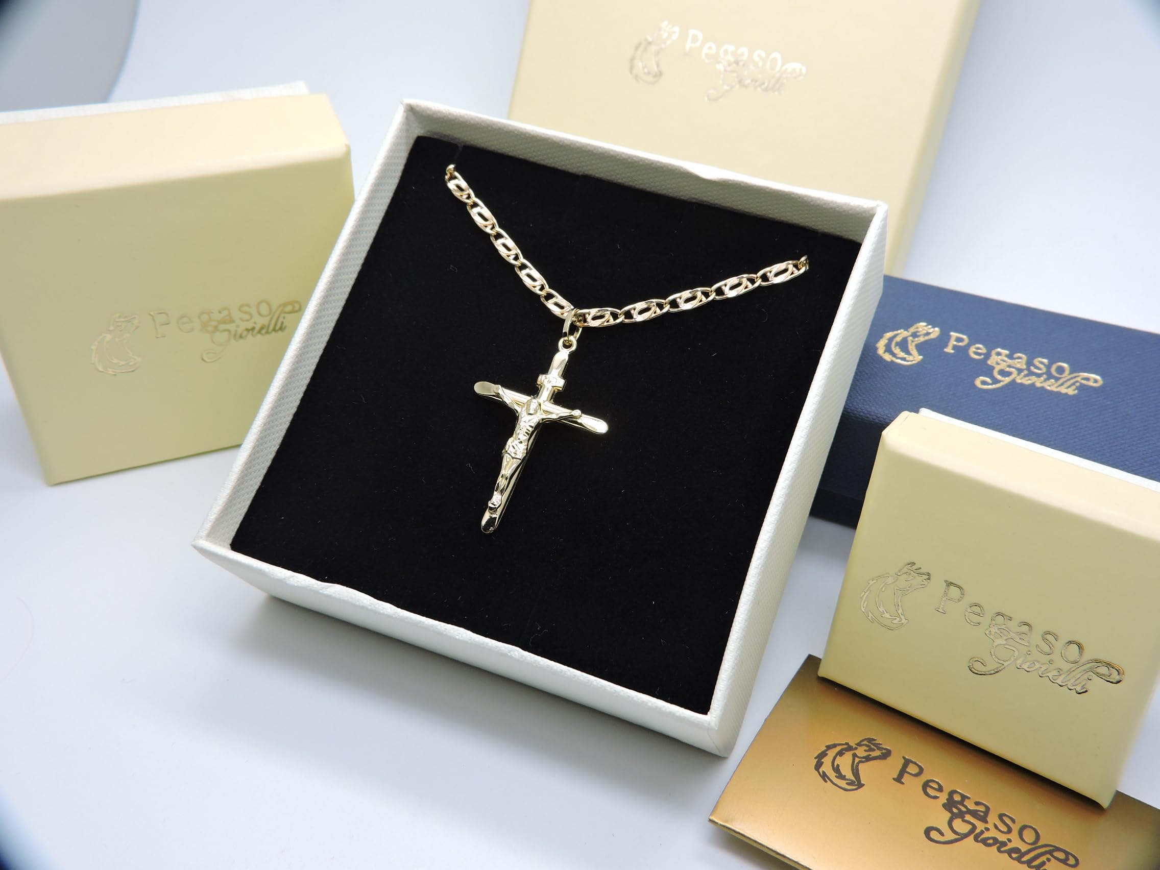 Collana Uomo in Oro Giallo 18kt 750 Catena Pernice Pinzata con Pendente Religioso Croce Gesù Cristo Smussata cm 50