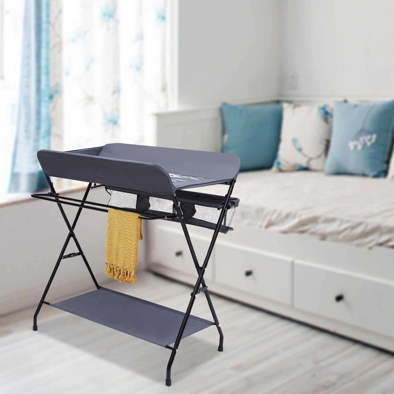 Cambiador Plegable Para Bebé, 80 x 63 cm BañEra Cambiador Bebe, Mueble Cambiador Bebe Estante Inferior Se Puede Guardar Toallas, PañAles, BañEra