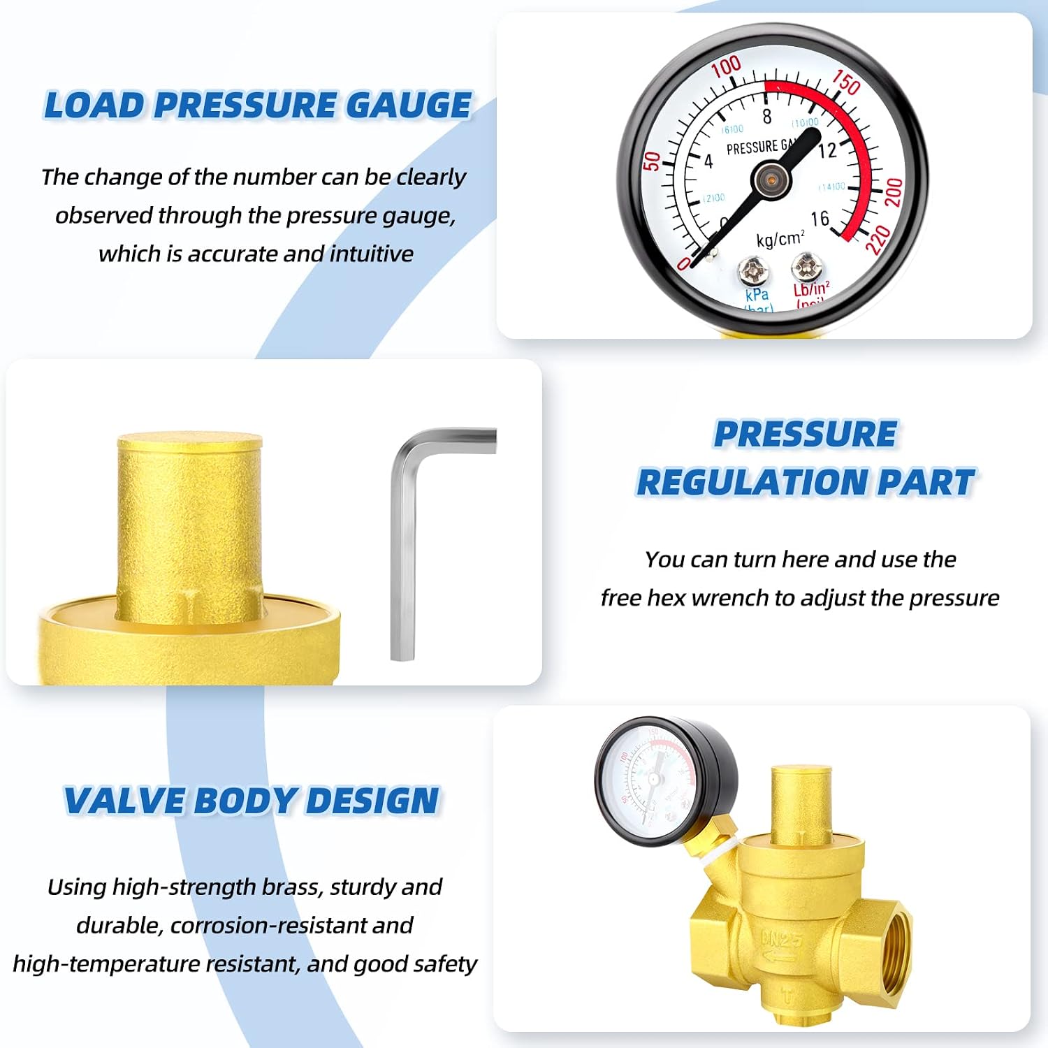 MEANLIN MEASURE 1 inch brass Water pressure regulating valve, pressure regulating valve, pressure reducing valve, DN25, with 0-220PSI pressure gauge