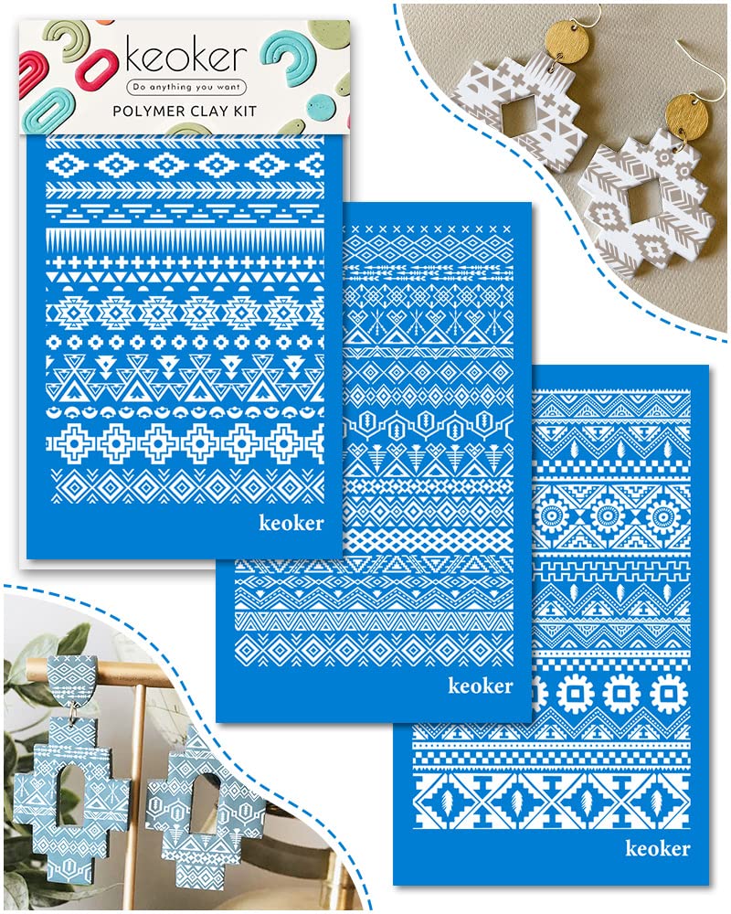 Keoker Aztec Silk Screen Stencils for Polymer Clay, 3PCS Aztec Silk Screen for Polymer Clay, for Printing on Jewelry Clay Earrings Decoration, Each 6" X 3.8" (Aztec)