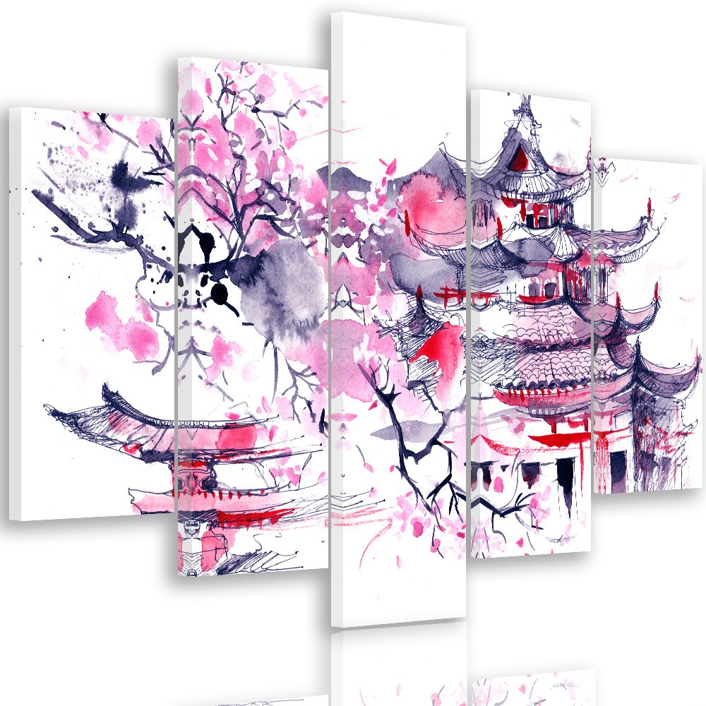 Tableau mural cerisier japonais photo violette 5 pièces décoration salon 150x100