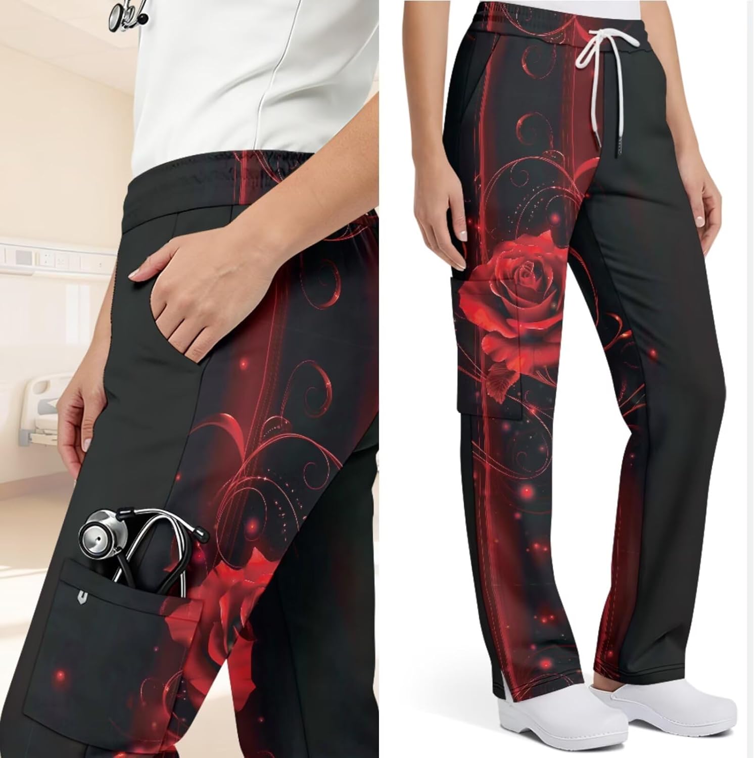 Scrubs Set Women V Neck Top Adjustable Drawstring pants,Comfortable Fabric Multiple functional pockets, Size S-5XL