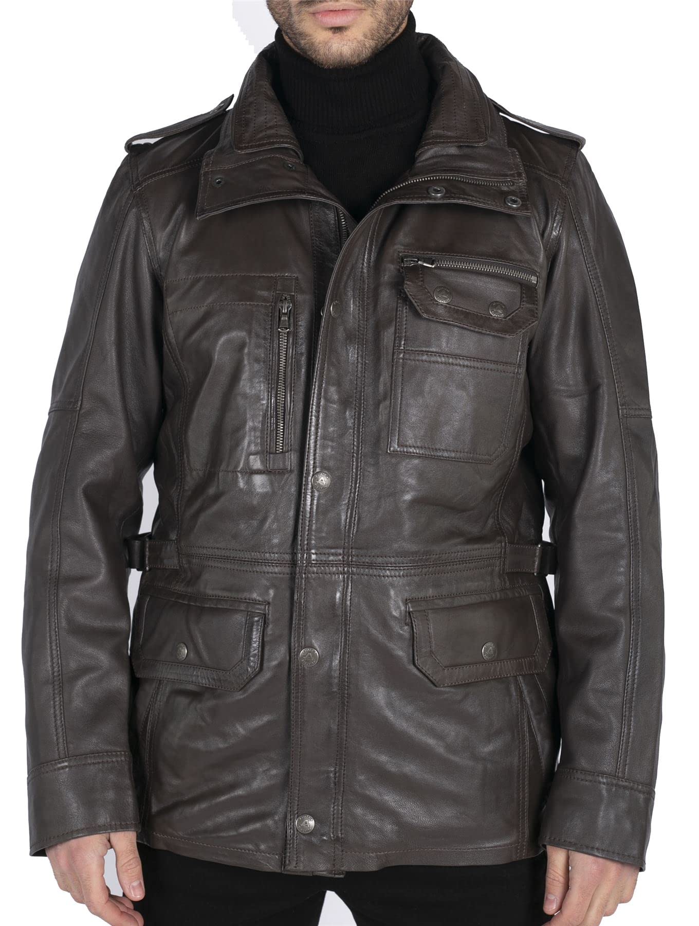 TruClothing Men's Trenchcoat Jacket Outwear Windproof Winter Parka Military Real Leather Jackets Coat - Brown M