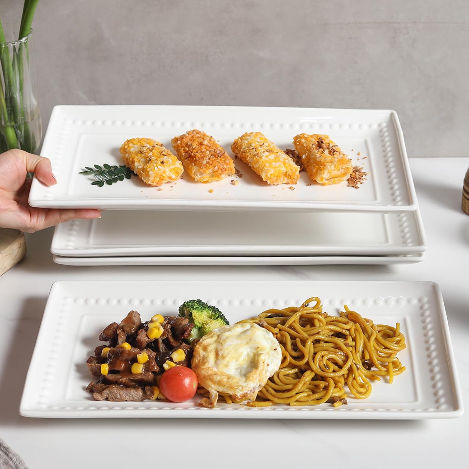 14 inch Ceramic Serving Platter - Rectangular Serving Trays Set of 4, Large Embossed Plates, Porcelain White Platters for Steak, Appetizer, Dessert, Tacos, Housewarming, Oven Dishwasher Safe