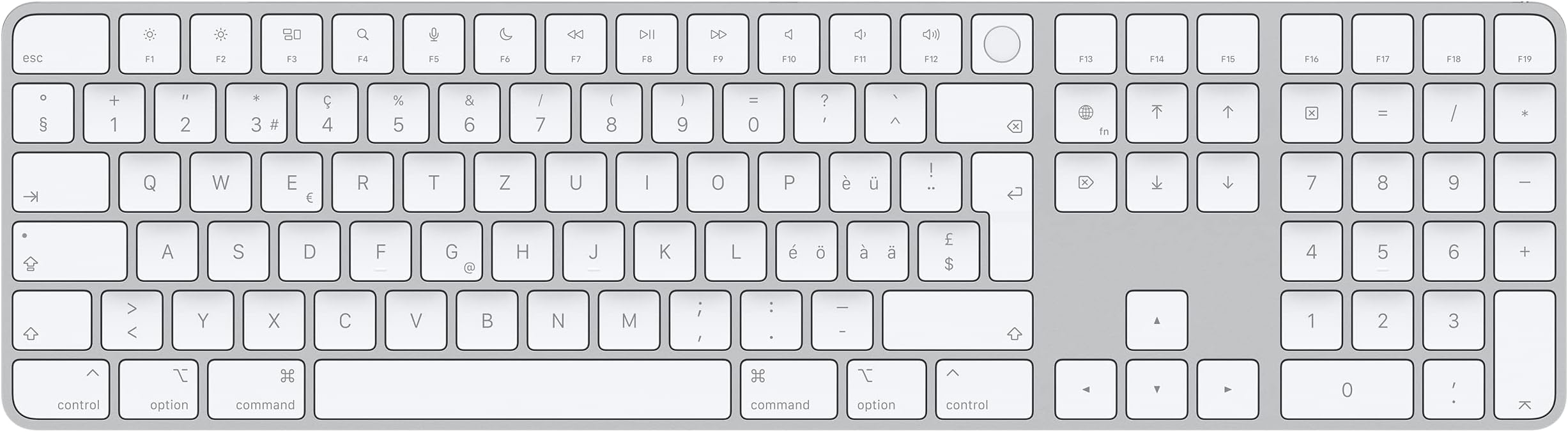 Magic Keyboard with Touch ID and Numeric Keypad: Wireless, Bluetooth, Rechargeable. Works with Mac Computers with Apple Silicon; Swiss - White Keys