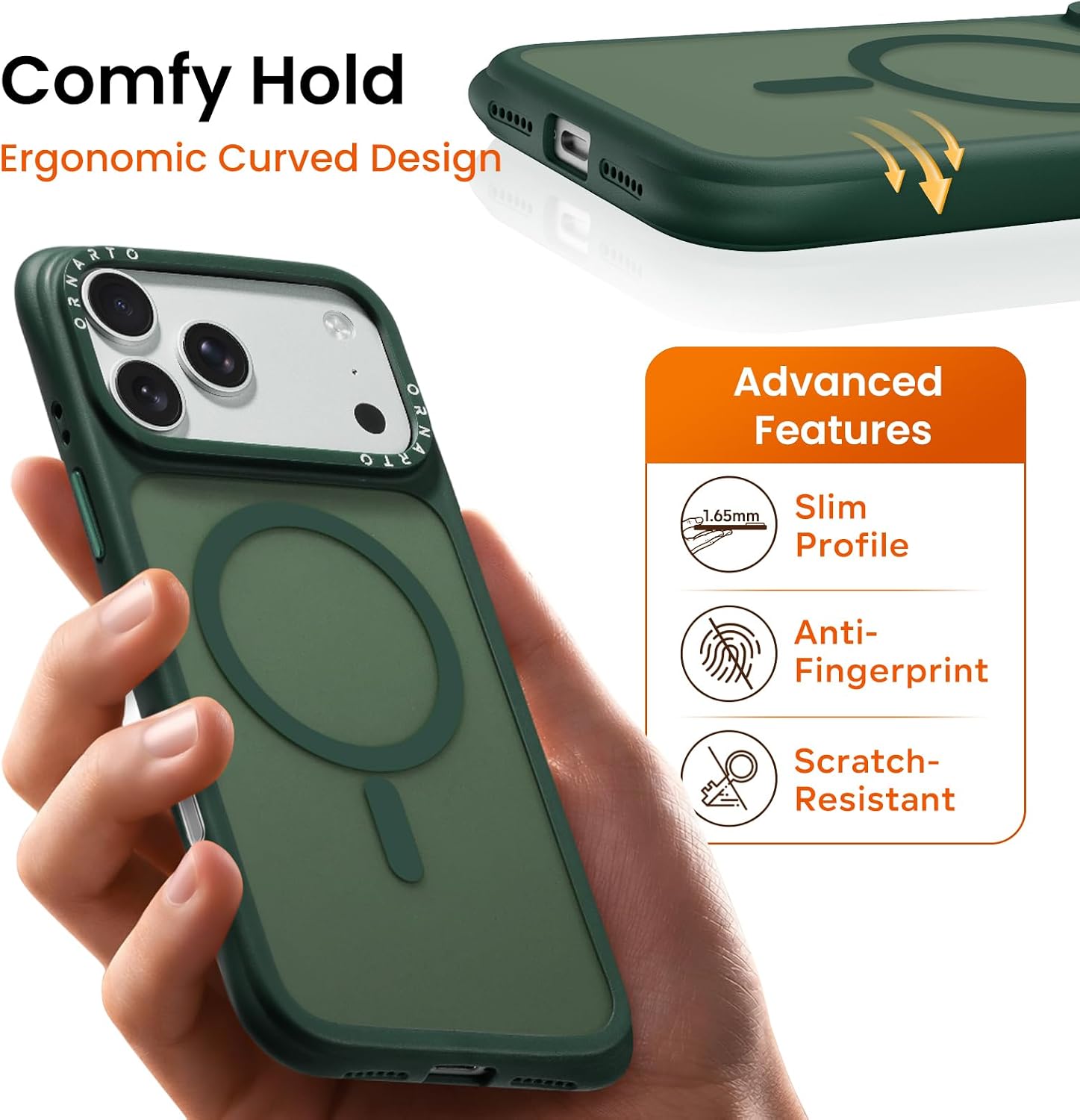 ORNARTO Magnetic for iPhone 17 Pro Max Case, 20FT Military-Grade Drop Protection, Compatible with MagSafe, Slim Shockproof Translucent Matte Phone Case for iPhone 17 Pro Max 6.9", Olive Green thumbnail