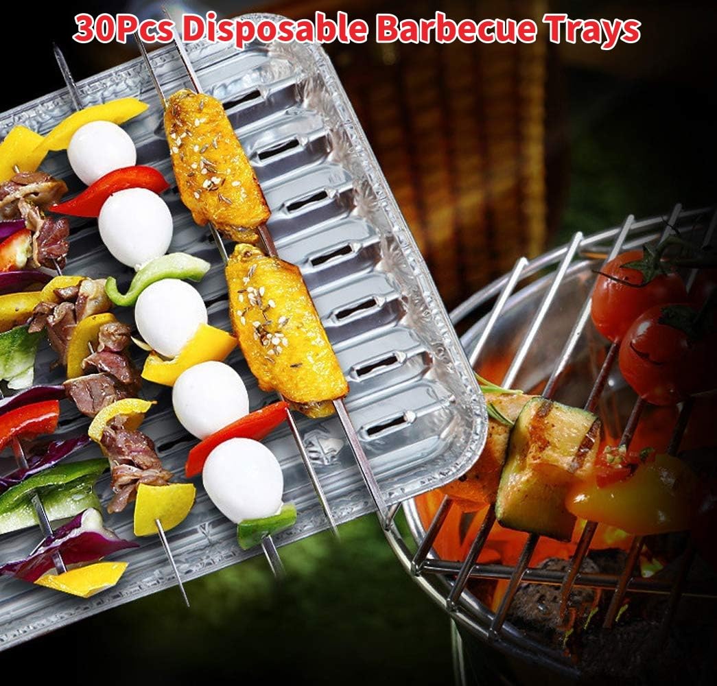 KAHEIGN 30 Piezas Bandejas Desechables para Barbacoa, 34CM x 23CM x 3CM Plato Perforadas de Aluminio para Asar a la Parrilla con Agujeros y Fondo Acanalado para Horno Carbón Barbacoa Asado Hornear