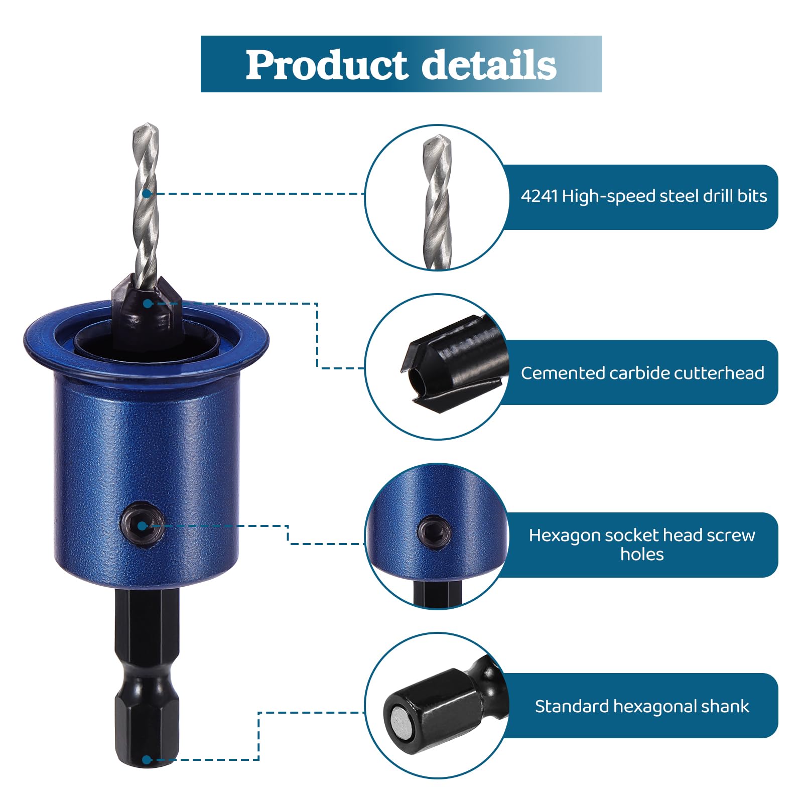 eROOSY 4-Piece Hexagonal Shank Countersunk Drill Bit Set, Countersunk Drill with Depth Stop, HSS Drill, Pre-Drilling with Countersink - Image 4