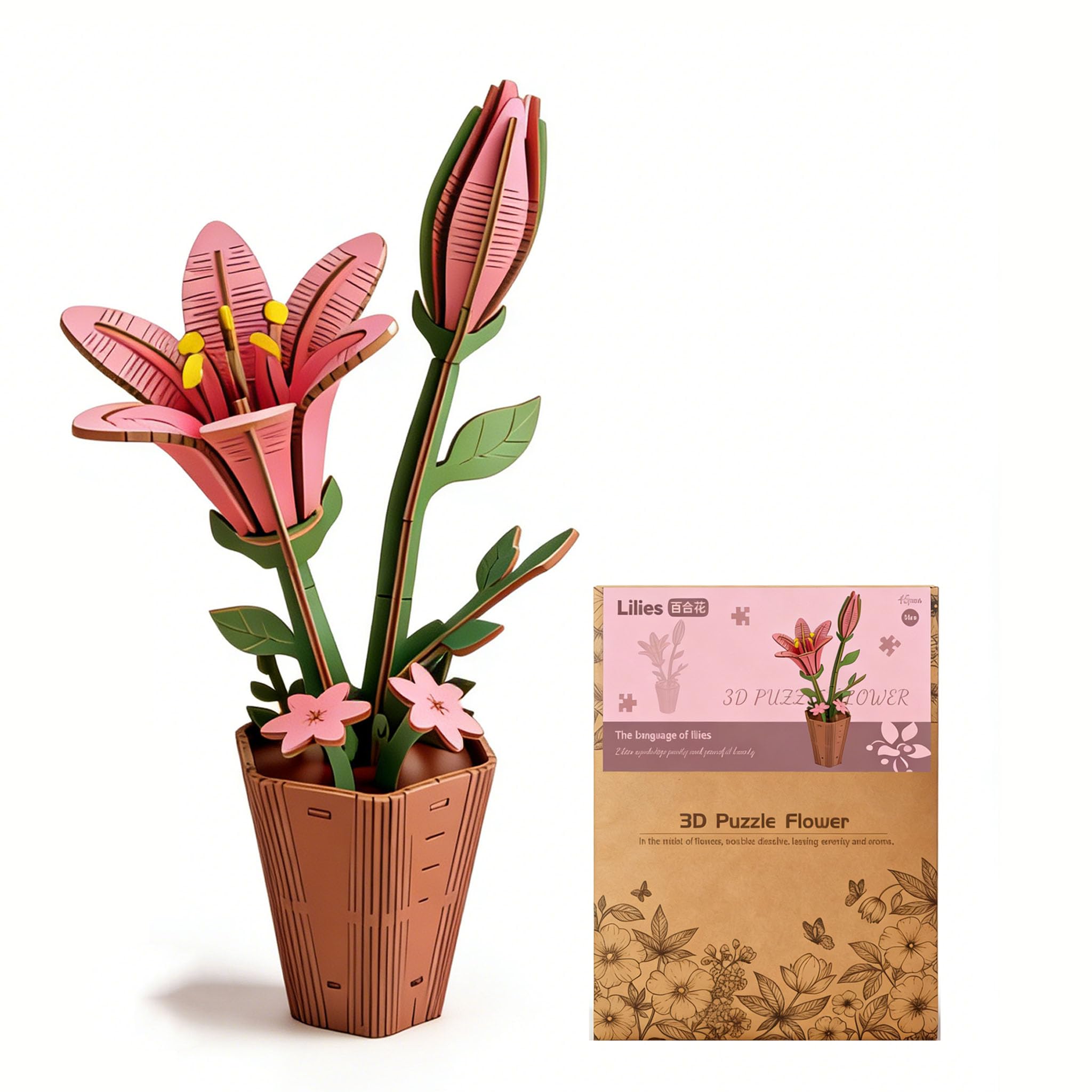 3D Puzzle Pink Wooden Flowers, Crafts for Adults, Adult Craft Kits for Women,Wooden Model kits, Creative DIY Model Kits for Adults, Home Decor Gifts for Women