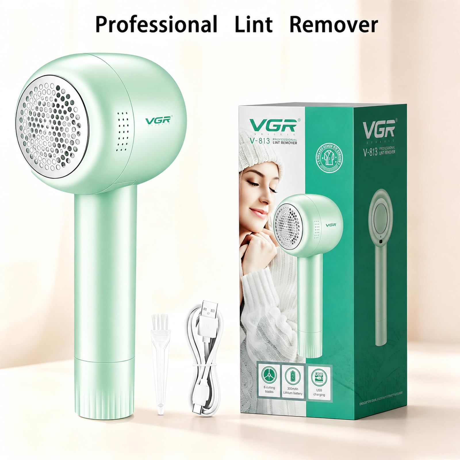 VGR 813 Levapelucchi Elettrico Ricaricabile con Testina in Acciaio, Verde