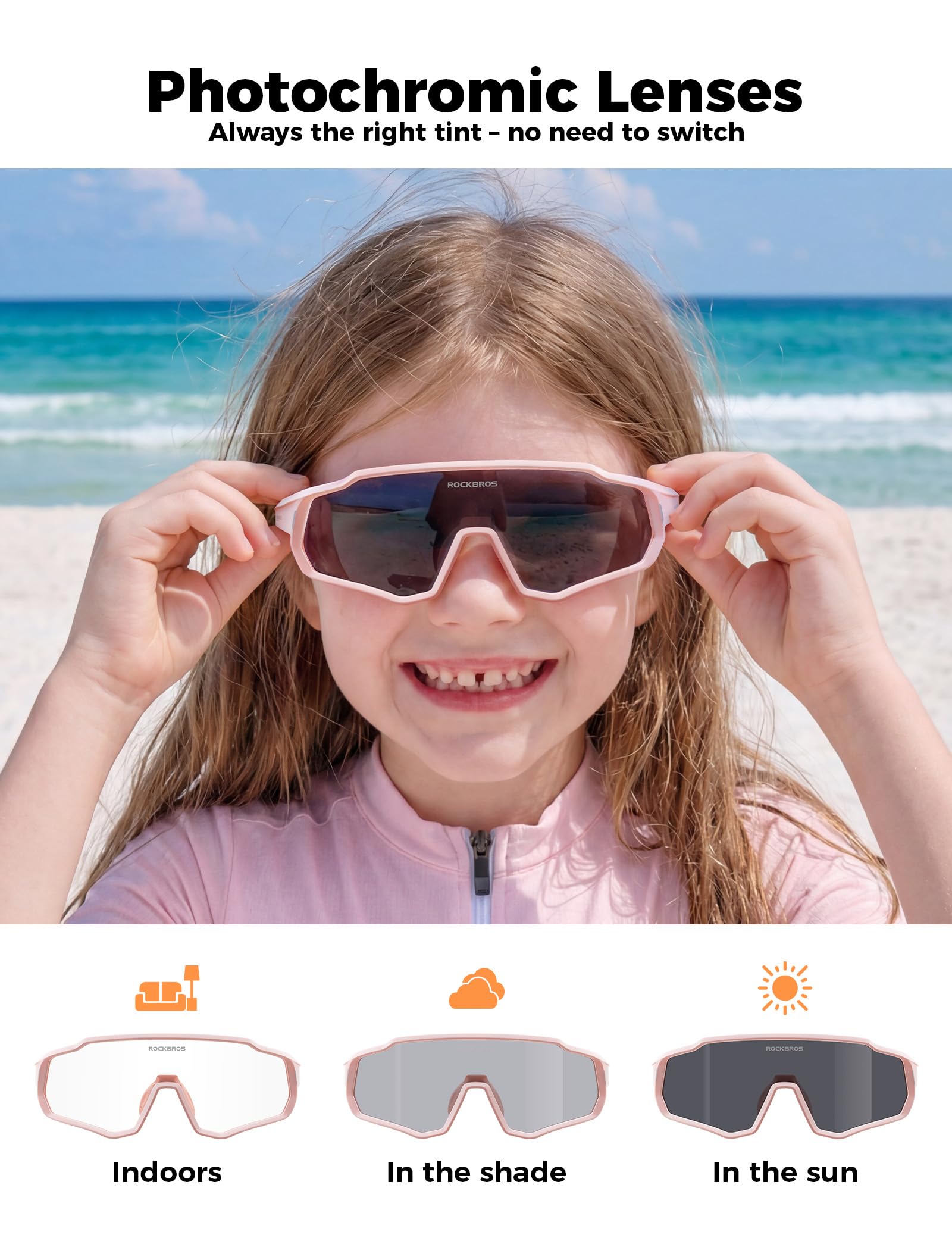 ROCKBROS Occhiali da Sole Ciclismo Fotocromatici per Bambini 26g Leggero | UV400 Protezione, Montatura TR90, Nasello Regolabile, con Cinturino, Occhiali Sportivi per Bici Corsa Viaggi