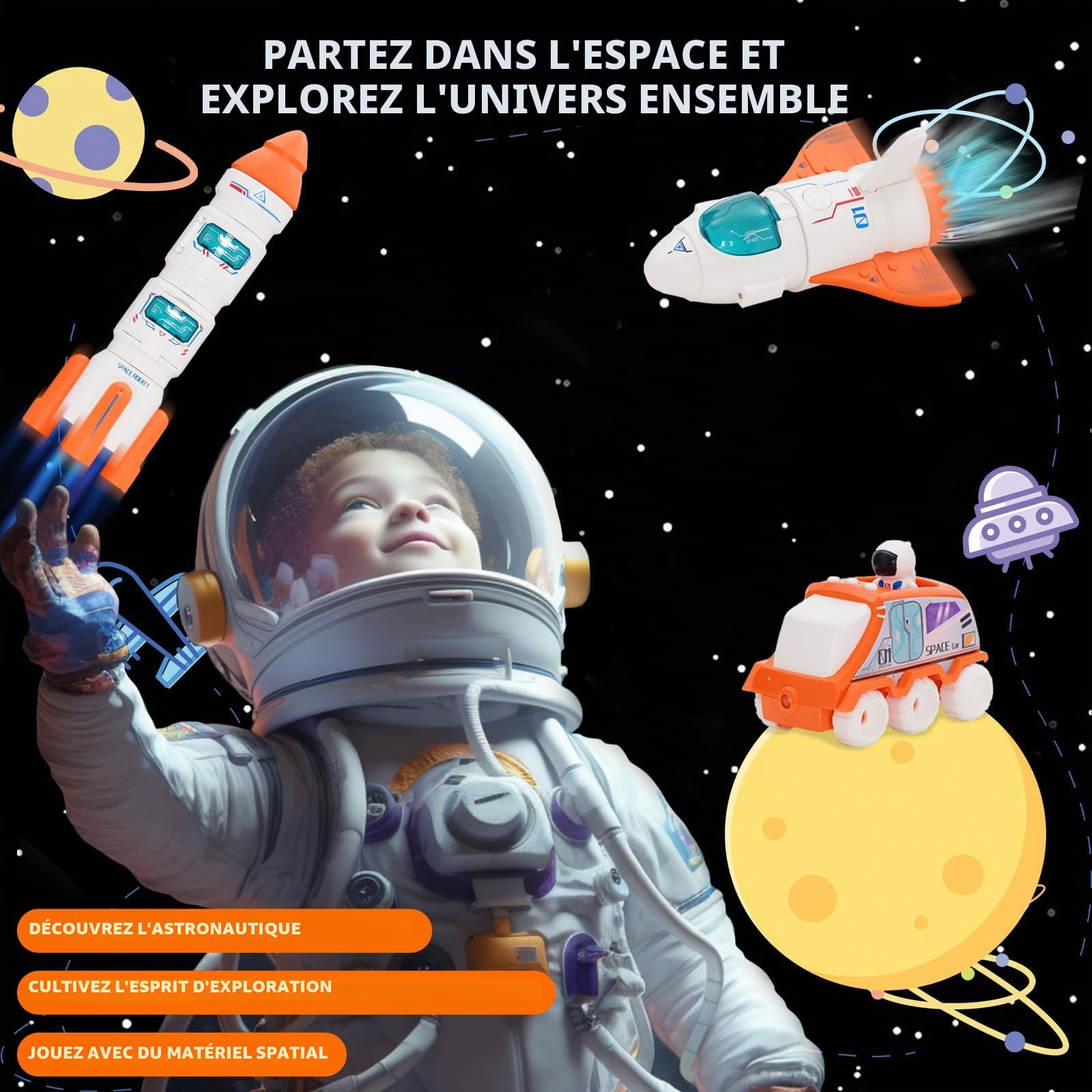 Fusée Spatiale pour Enfants - Fusée Jouet Espace & Navette Spatiale Jouets, Modèle avec Astronaute (Orange), Effets Sonores Lumineux, Éducatif 3 Ans et Plus