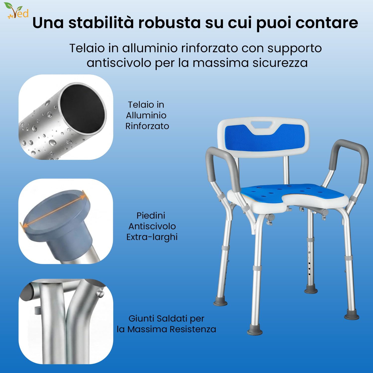 VED Sedia da Doccia a Forma di U con Braccioli e Schienale, Sgabello Regolabile in Altezza 6 Livelli, Antiscivolo per Anziani e Disabili, Capacità di Carico di 330 lb
