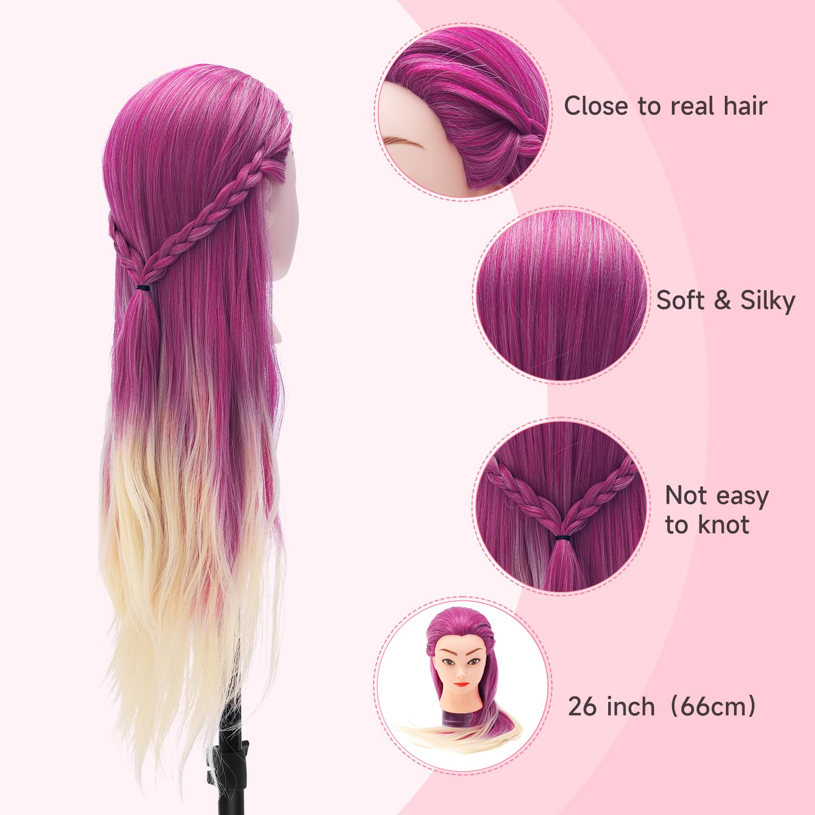 TwoWin Hairdressing Training Head, 29" Synthetic Fiber Hair Mannequin Head - Image 4