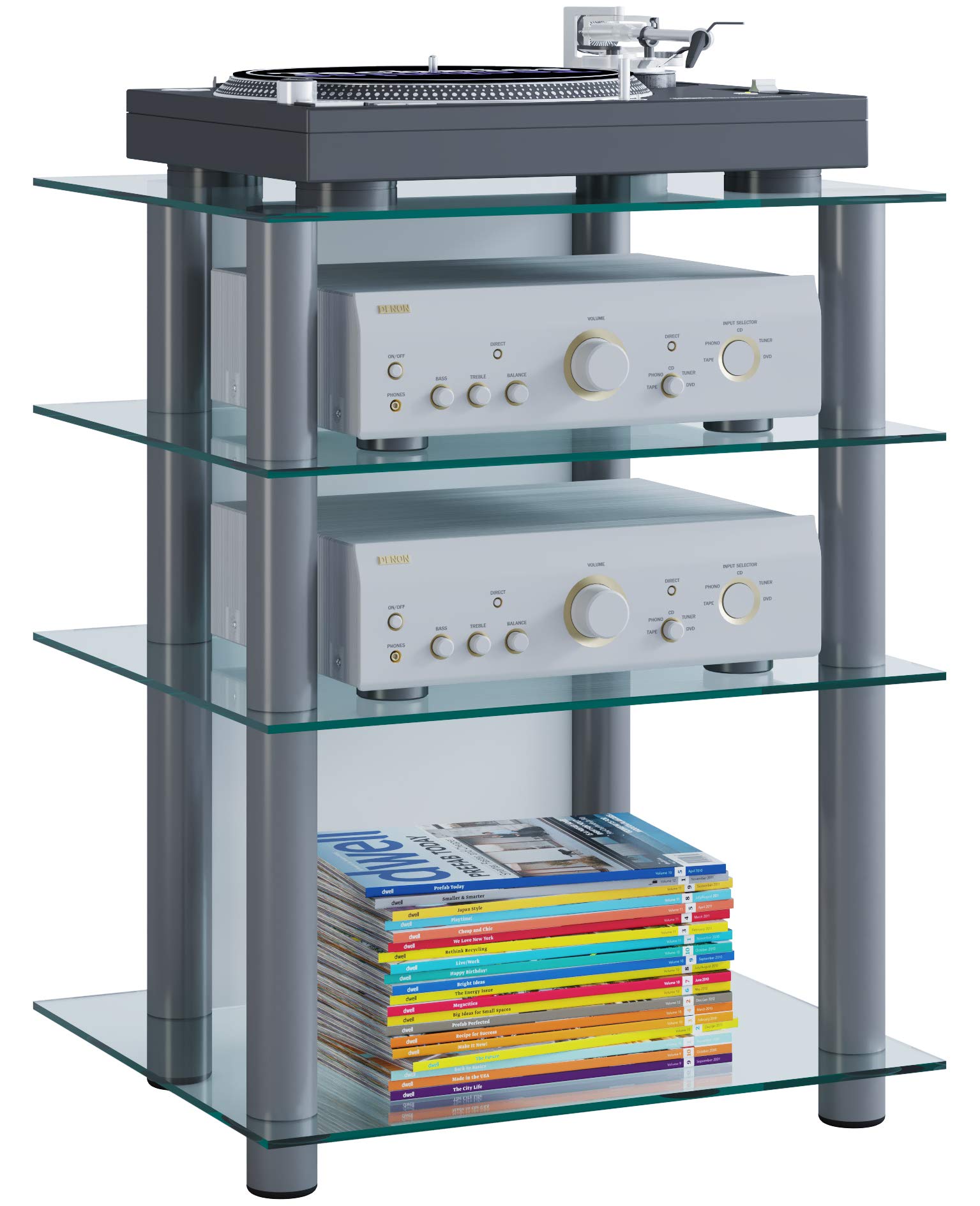 VCM HiFi Möbel | Rack Schrank Phono Regal | Alusäulen | ESG-Glasböden | Maße: H. 70 x B. 59 x T. 48 cm | Phono Mediaregal - Bilus Klarglas