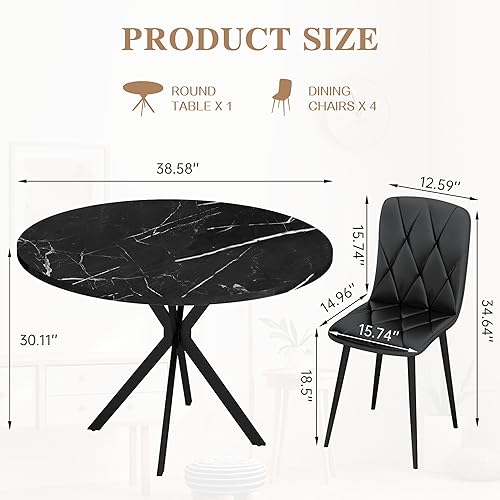 Miniatura 4 de Hooseng - Juego de mesa redonda de comedor para 4 con sillas de cuero, mesa de cocina de 39 pulgadas con tapa de mármol sintético y lujosas sillas
