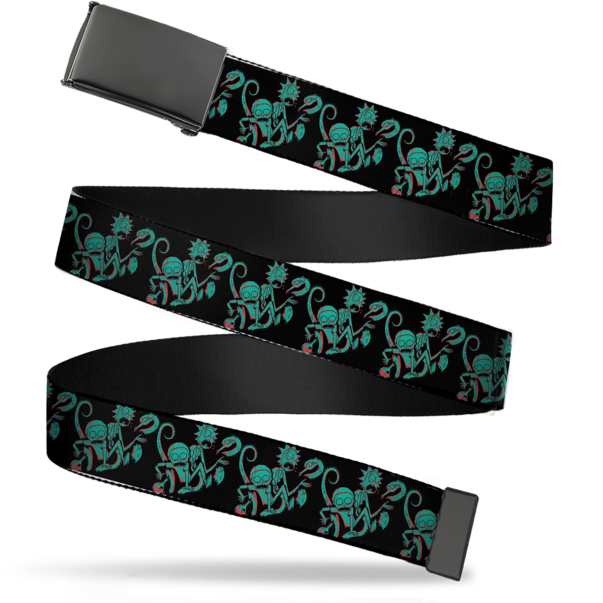Rick and Morty Belt, Flip Web Belt Rick and Morty Psychedelic Monster Pose Black Greens, 1.5 Inch Wide, Fits up to Size 42