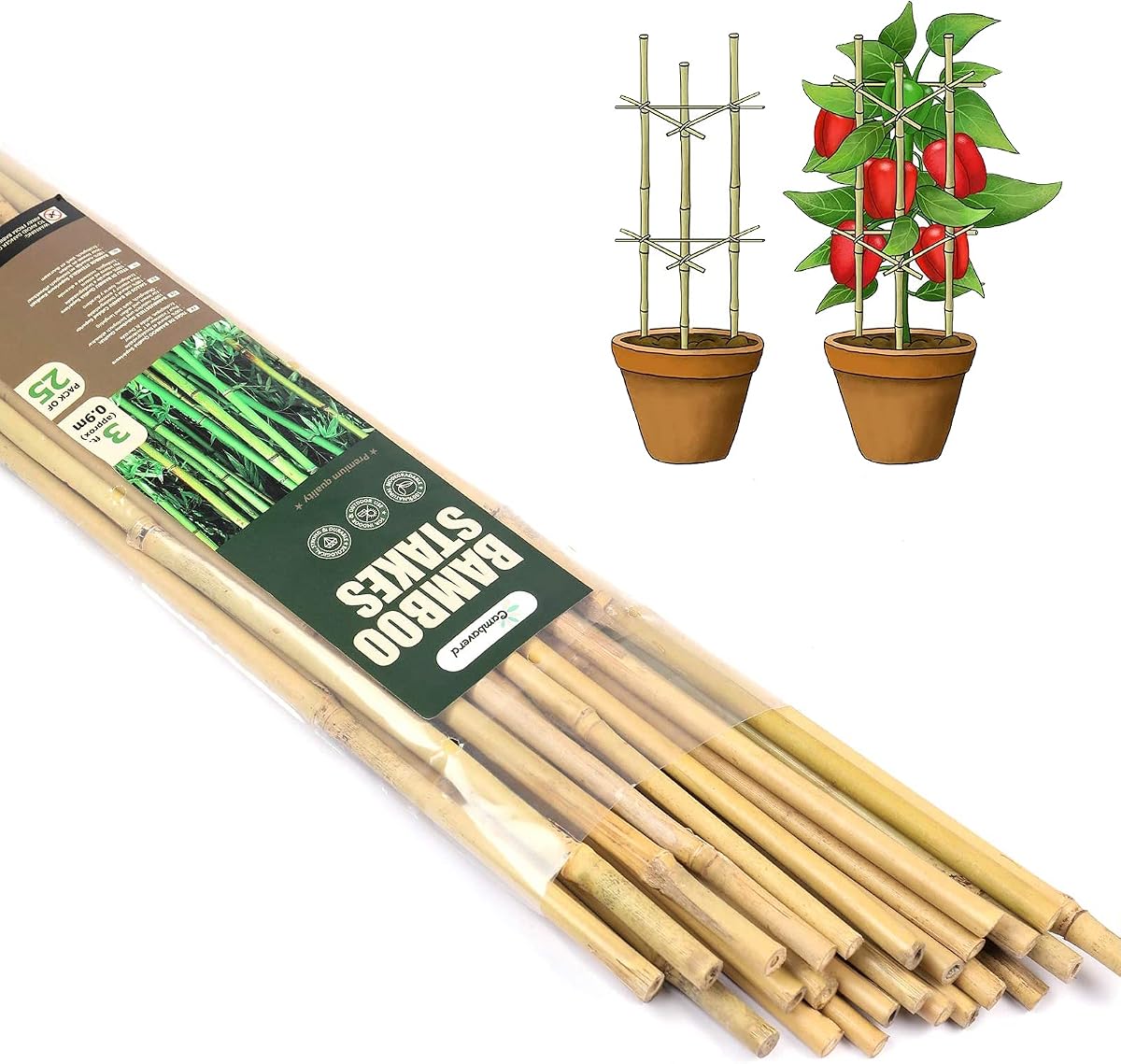 Cambaverd Estacas de bambú para jardín de 3 pies, paquete de 25 varillas de bambú para plantas | Estacas de tomate naturales, estacas de plantas resistentes para verduras, enredaderas, soporte para plantas trepadoras y en macetas