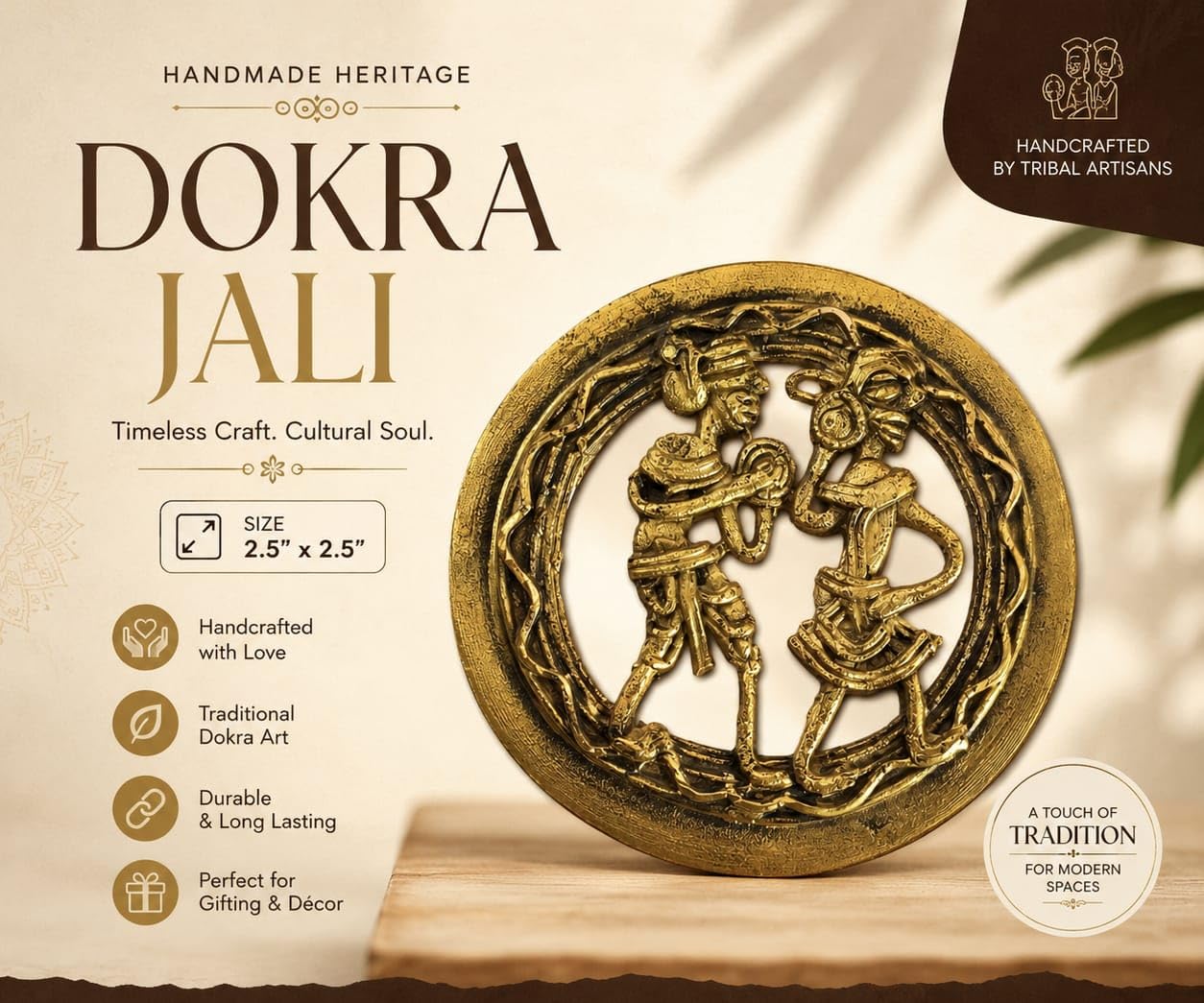 Traditional Brass Finish Dokra Art Jali, Handcrafted by Tribal Artisans, 2.5x2.5 Inch, Home Décor and Gifting-image-49