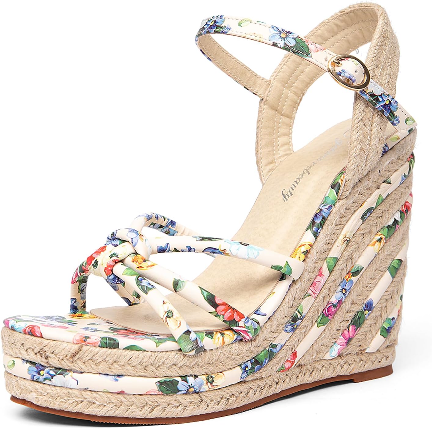 Women's Espadrille Wedge Sandals Flower Pattern Ankle Strap Open Toe Platform High Heel Sandals Dress Shoes