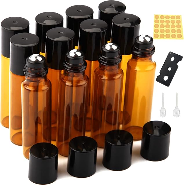 Essential Oil Roller Bottles 12Pcs 10ml Empty Rollerball Bottle Roll on Bottles with Stainless Steel Roller Balls Amber Glass Roller Bottles for Essential Oils,Perfumes,Cosmetics,Aromatherapy Massage