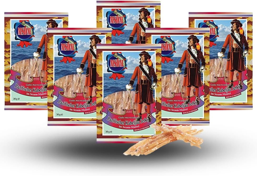 Pacific Cod Fish Jerky - with Sesame Seeds (6 x 36g) I Dried and Salted I Healthy Pre & Post Workout Fitness Snack I Low in Carbs and Fat I Rich in Protein & Omega 3 Fatty acids for Men & Women