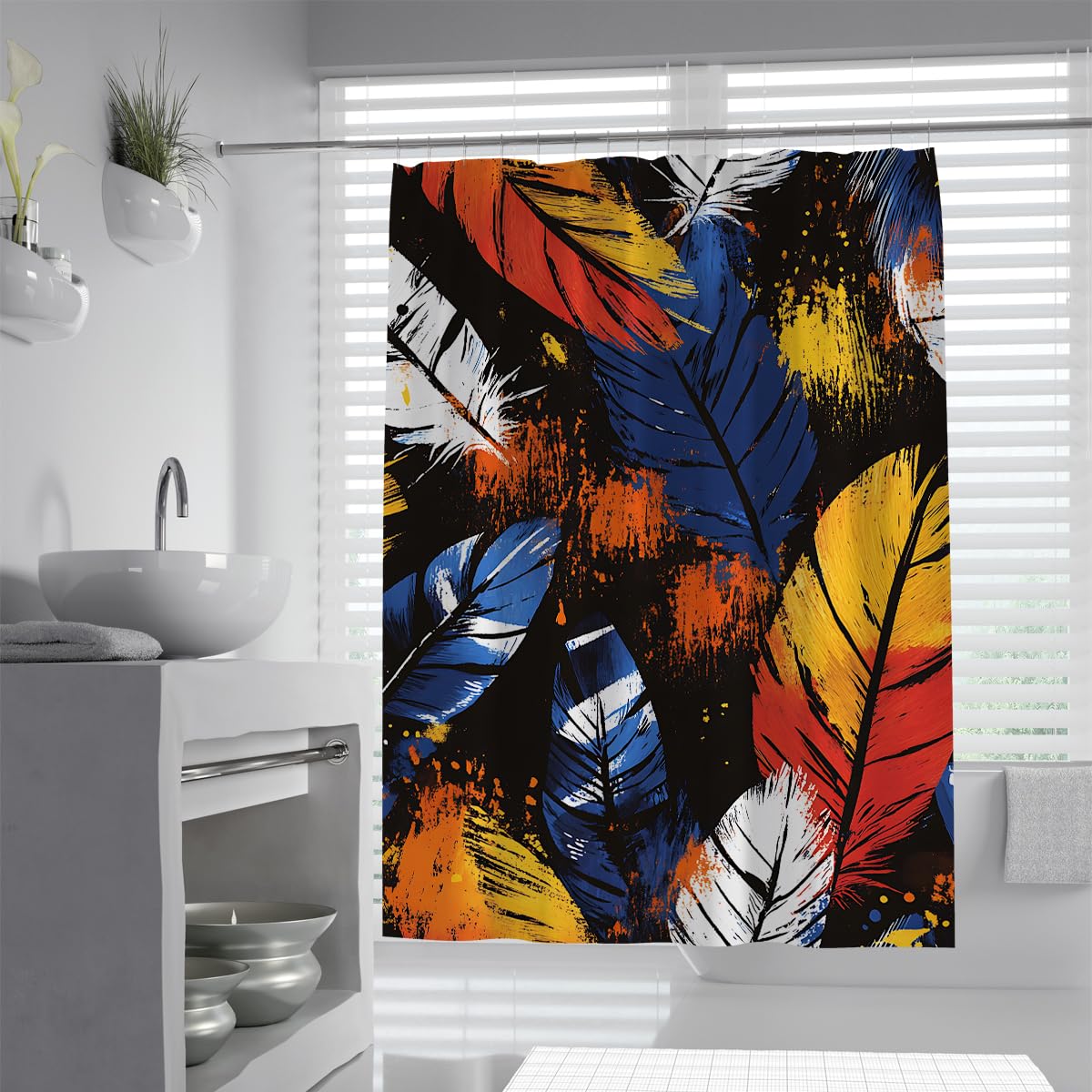 UERWOWELL Exotic Tribal Shower Curtain Dark Background Feather Print Fabric Bath Curtains Retro Bohemian Style Bathroom Curtain Washable for Bathtub W150xL200 cm