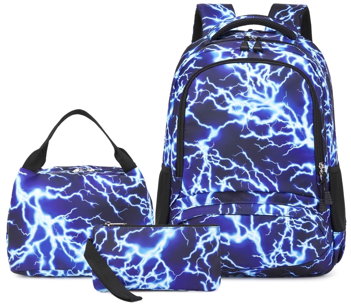 AM SeaBlue Backpack for Boy Middle School Lightning Bookbag Durable Student Teenager Sturdy Lightweight Waterproof (7-Blue 3PC)