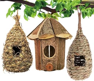 Hamiledyi Vintage Chickadee Bird House Nest Hummingbird House for Outside Small Grass Hanging Bird Nesting Natural Wooden Garden Birdhouse Box 3 Pack