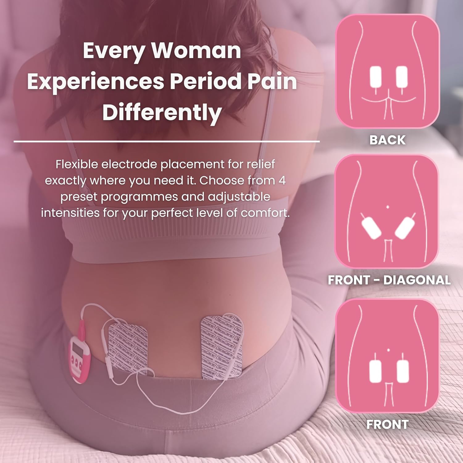 TensCare OVA+ - 4 Tailor Made TENS Programmes for Pain Relief from Period Pain, Dysmenorrhea. Silent Unit to be Used at Home, Work or on The Go