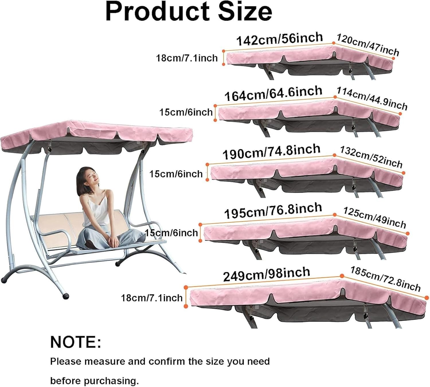 Garden Swing Replacement Canopy Cover, 2 Or 3 Seater Patio Hammock Cover Top Waterproof Anti-UV Canopy Swing Covers,210D Oxford Cloth Outdoor Swing Roof (Size:75x52x6inch/190x132x15cm,Color:Navy Blue)